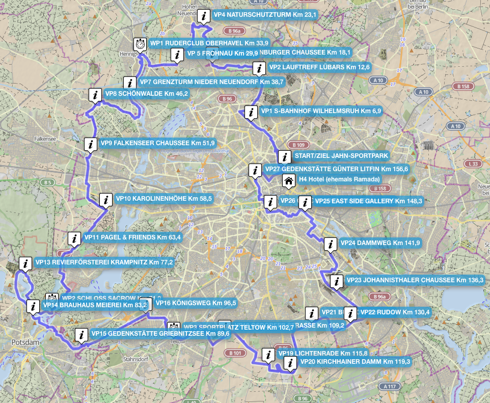 27 Verpflegungspunkte am Mauerweg machen den Lauf auf dem Berliner Mauerweg erst möglich. (Quelle: LG Mauerweg Berlin e.V., Open Streetmap)
